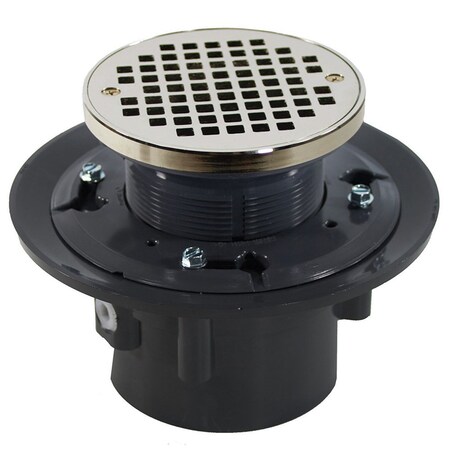 Jones Stephens 4in. Heavy Duty PVC Drain Base with 3-1/2in. Plastic Spud and 5in. Nickel Bronze Strainer with Ring D49231